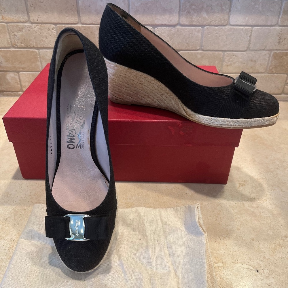 Ferragamo black espadrille wedge heels, women’s 8.5